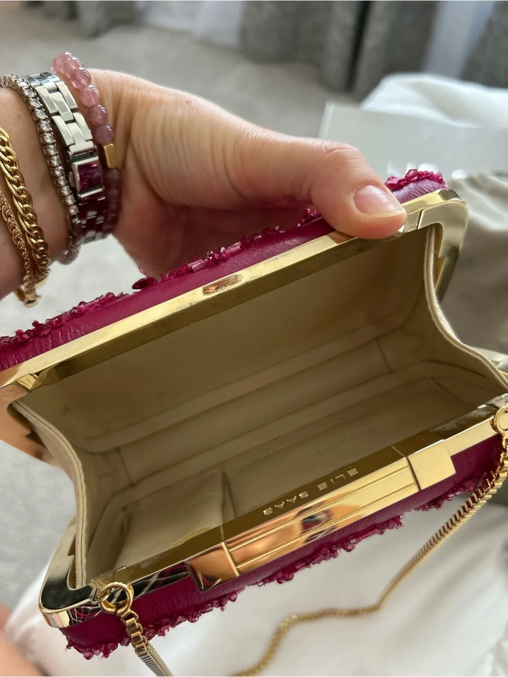 Elie Saab Pink Beaded Satin Minaudière with Gold Chain